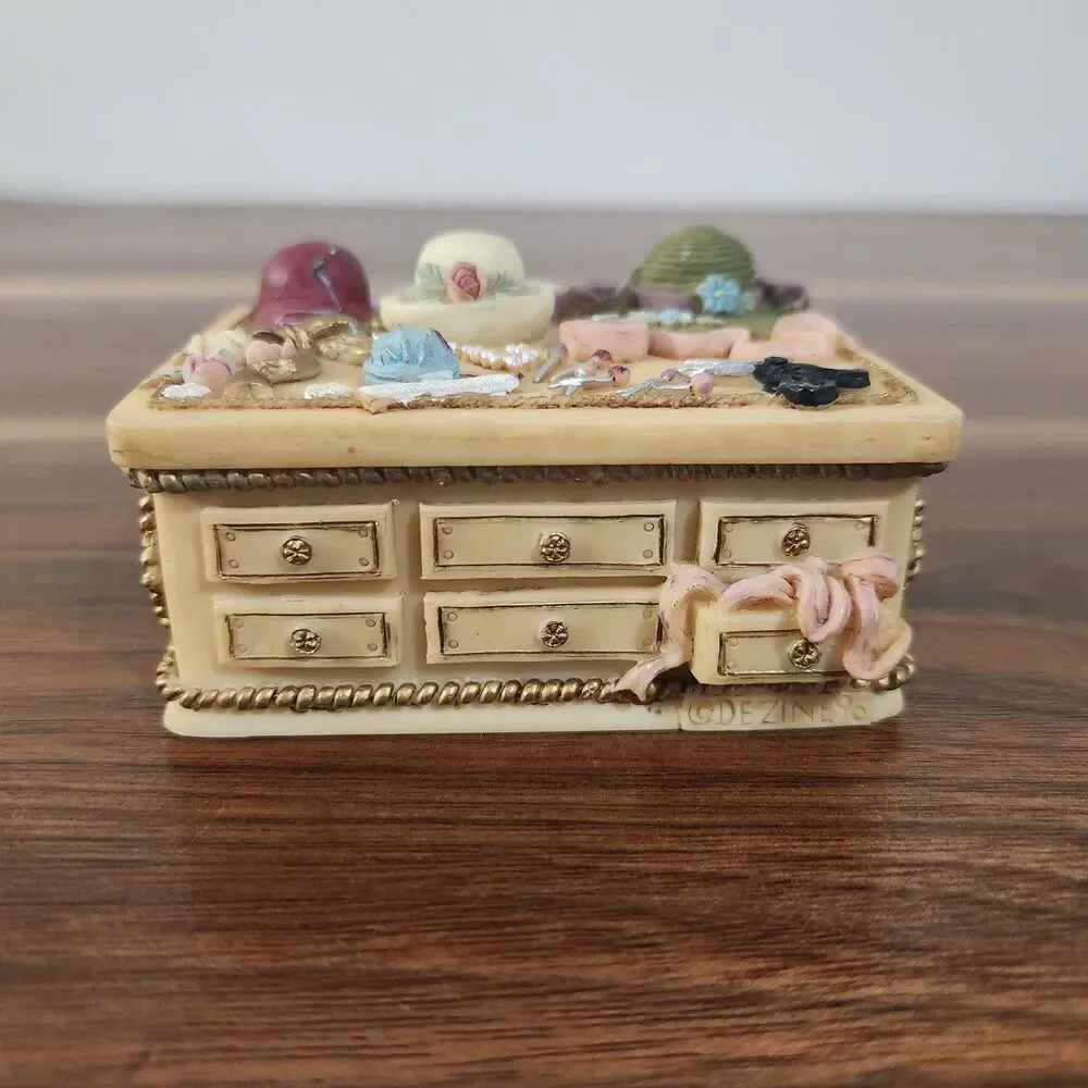 Dezine Vintage 1995 Hand Painted 3D Embossed Trinket Box Victorian Ribbons Hats